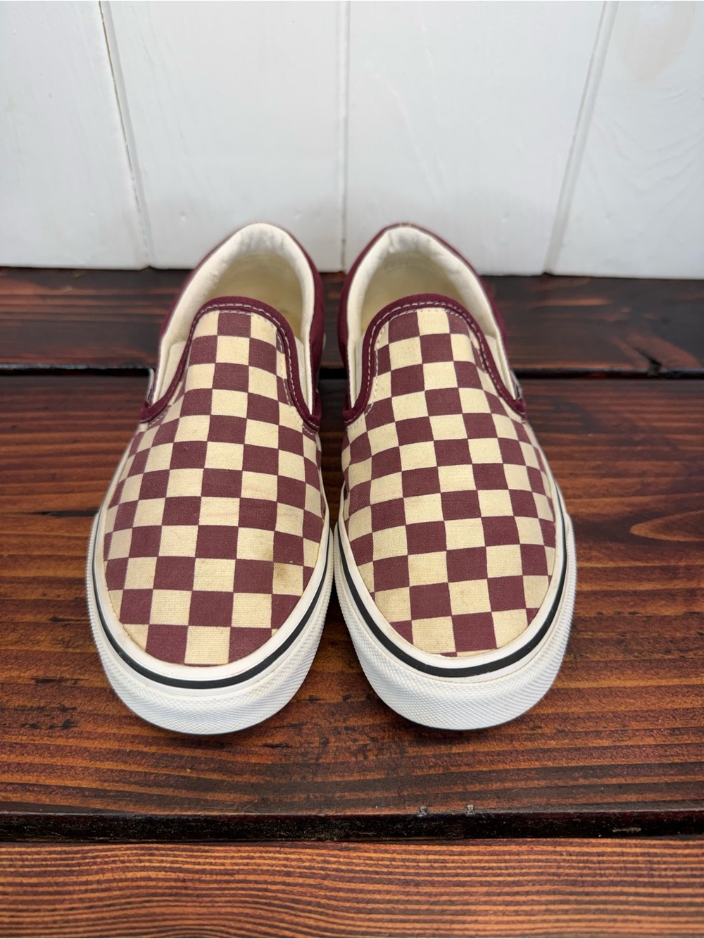Vans Classic Slip-On Burgundy Cream Checkerboard Shoes Men’s 5 Women’s 6.5